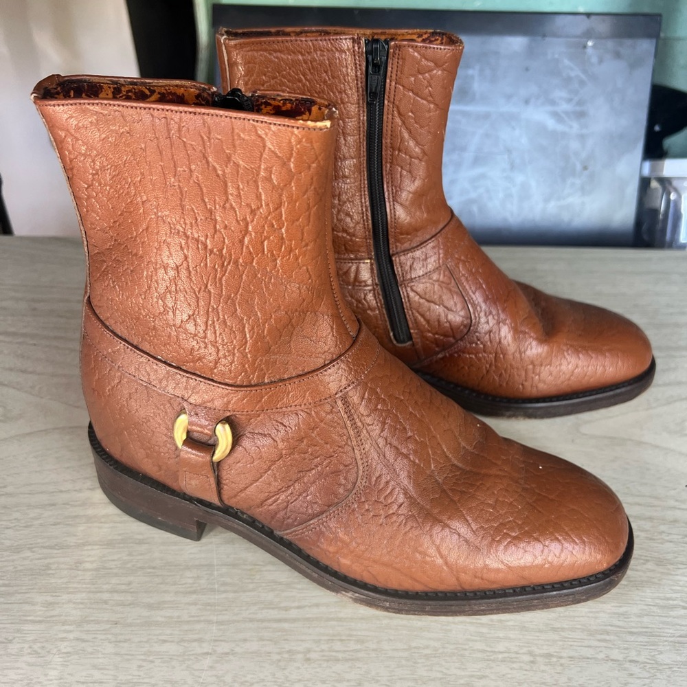 1970’s Vintage Brown Side Zip Pebble Leather Ankle Beatle Boots Size 6